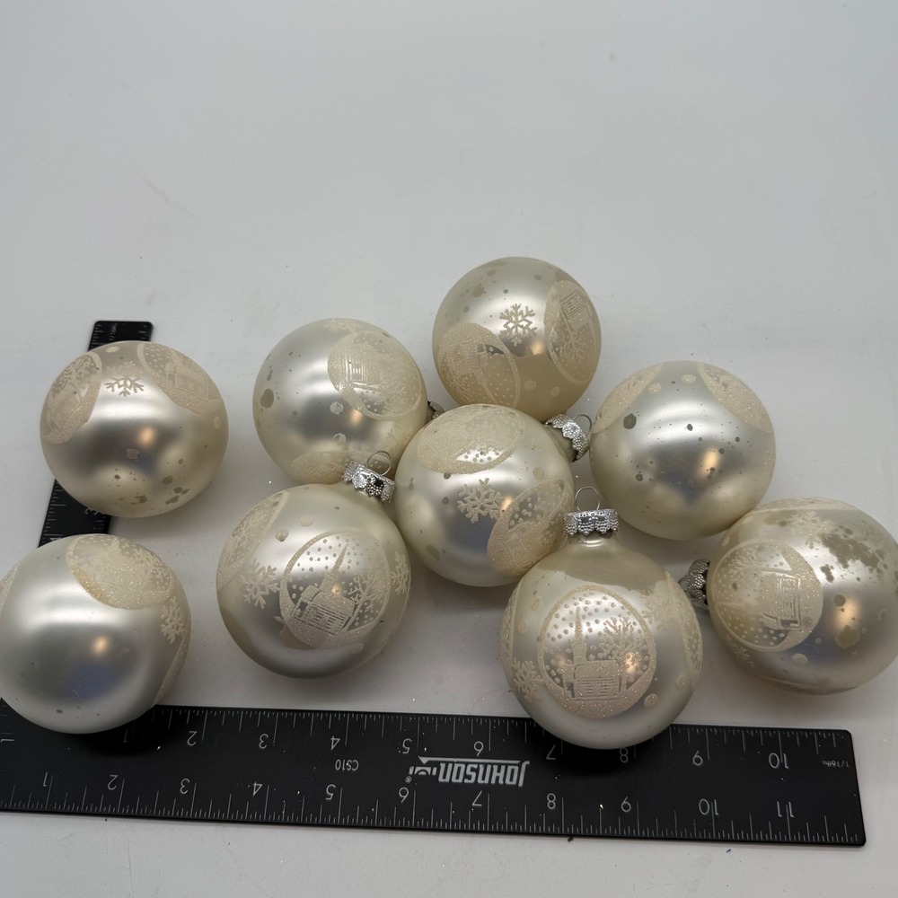 Vintage Glass Christmas Ornaments Cream Satin Glitter Church Snow Set of 9